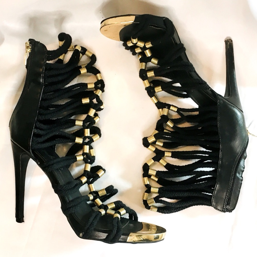 Wild Rose Rope Sandal Heels Gold Accents